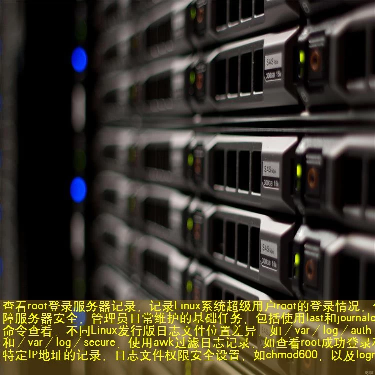 查看root登录服务器记录，记录Linux系统超级用户root的登录情况，保障服务器安全，管理员日常维护的基础任务，包括使用last和journalctl命令查看，不同Linux发行版日志文件位置差异，如／var／log／auth.log和／var／log／secure，使用awk过滤日志记录，如查看root成功登录和特定IP地址的记录，日志文件权限安全设置，如chmod600，以及logrot
